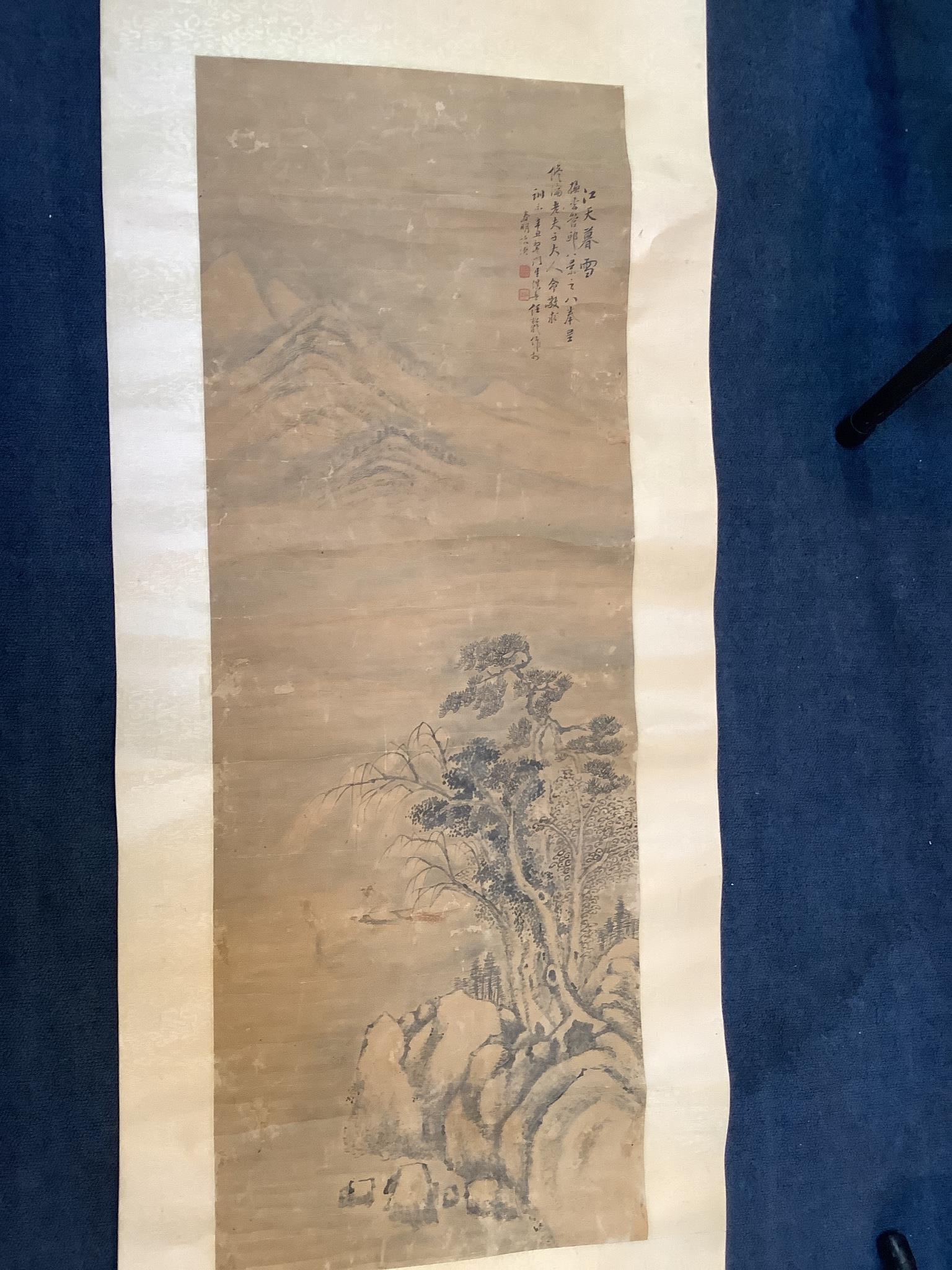 A Chinese scroll painting on paper of a river landscape scene, Qing dynasty Image 100 cm X 36 cm
